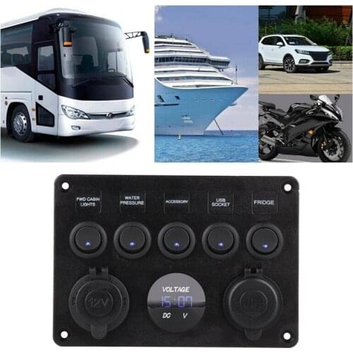 5 Gang 12V/24V Inline-Fuse Box LED Switch Panel Dual USB Car Boat Truck Camper