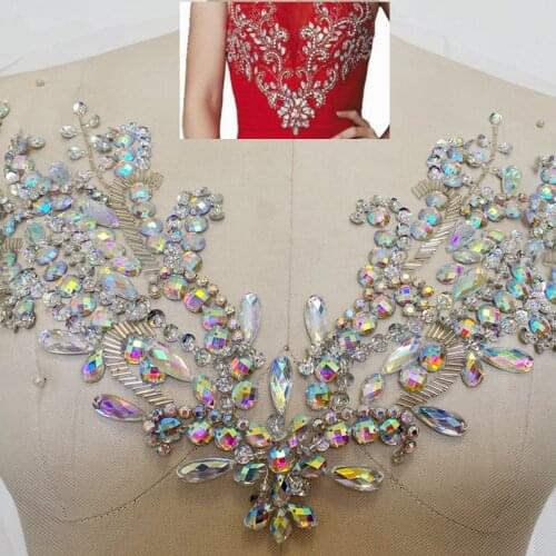 A17 Handmade crystals trim patches sew on Rhinestones clear AB colour applique 34*25cm for top dress skirt accessory
