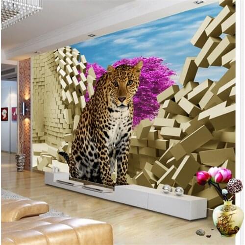 Beibehang Large custom wallpapers 3D wall broken beautiful leopard TV background living room bedroom home decoration
