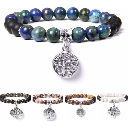 Natural blue lapis lazuli stone bracelet jewelry for men women healing tree of life silver color charm Beaded Bracelet handmade