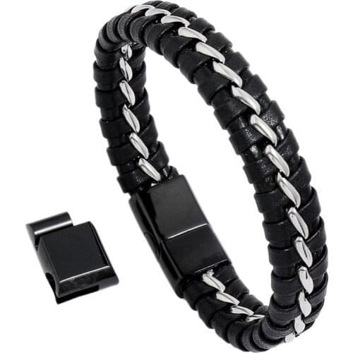 Men Leather Bracelet Manual Weave Stainless Steel Bangles Magnet Buckle Rope Chain New Fashion Classic Male Small Gift