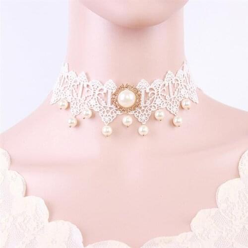 Coxeer 1pc Women Choker Vintage Fake Pearl Lace Decor Bridal Choker Collar Necklace For Party Jewelry Accessories