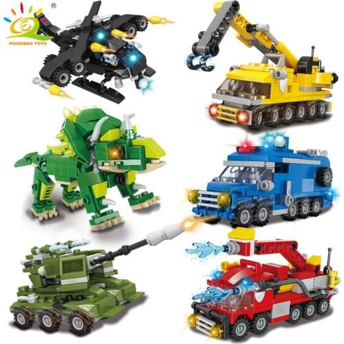 HUIQIBAO 6in1 City Town Building Blocks Fire Fight Police Engineering Tank Truck Car Dinosaur Bricks Set Children Toys KIDS GIft