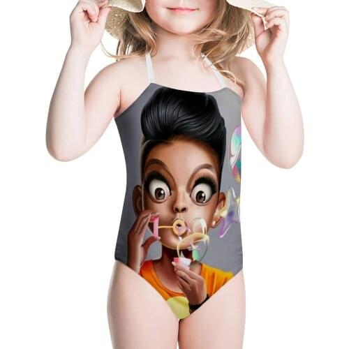 HYCOOL One Piece Suits Cute African Black Girl Blowing Bubbles Pattern Swimsuits Children Swimming Bathing Suits Girls Beachwear