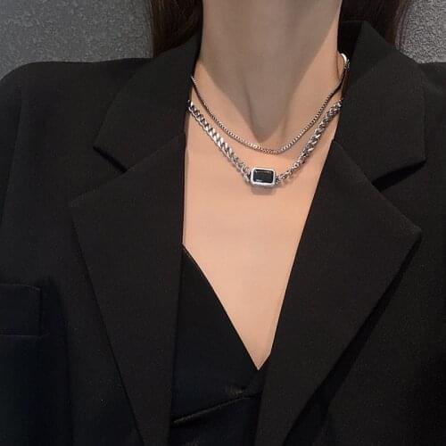 Hiphop Black Stone Long Chain Necklace For Women Party Punk Multilayered Ball Cross Pendant Necklace 2021 Jewelry