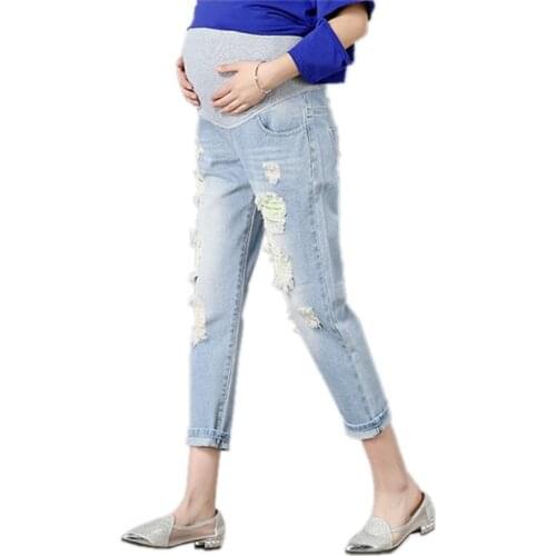 Maternity Jeans Maternity Pants for Pregnant Clothes for Pregnant Women Blue Hole Trousers Belly Leggings Jeans Pregnancy Pants