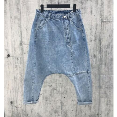 Women Drop Crotch Jeans Asymmetry Harem Fade Lightweight Denim Trousers Pants 2020 Hot Sale Personality Solid Color
