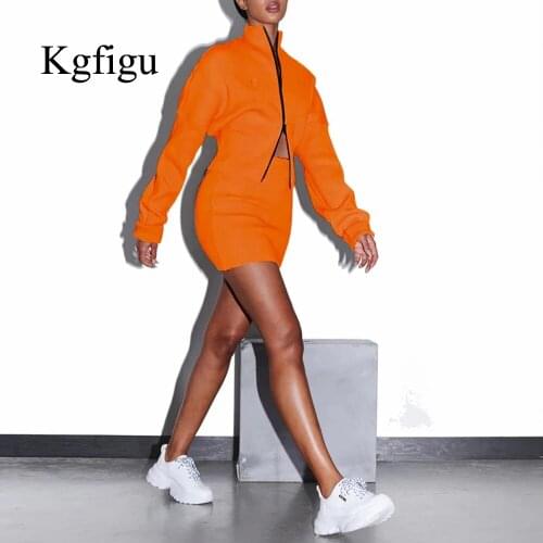 KGFIGU Summer Casual Two Piece Set With Crop Top And Skirt Set Dress Women Clothing Rib Double Zippers Sweatshirts Party Outfits