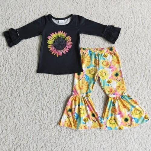 2021 Sunflower Outfits Lovely RTS wholesale fashion boutique set toddler Girls short sleeve and bell bottoms Fall/Winter sets