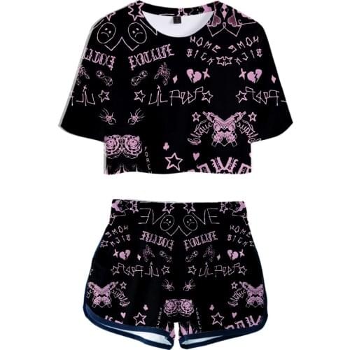 Hot Sale Two Pieces Sets Women Sets Soft T-shirt Elastic Shorts Popular Lil Peep Tops + Modis Hot Sexy Pullover Print Summer