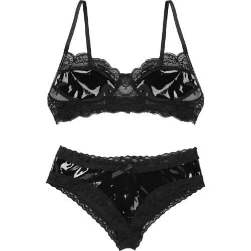 Adult Womens Lace Latex Exotic Lingerie Set Wire-free Unlined Bra with Open Crotch V-Back Crotchless Sissy Apparel Mini Briefs