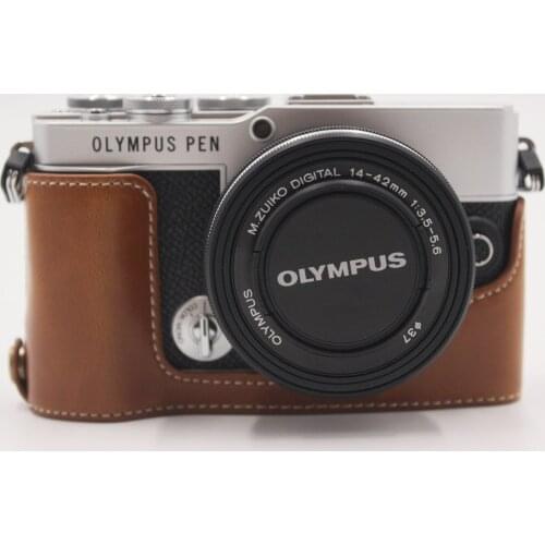 Leather Half Body Camera Video Bag for Olympus PEN E-P7 Bottom Case With Battery Opening