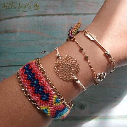 MiFaViPa Adjustable Boho Bangle Bracelets Set Crystal Charm Bohemian Jewelry Heart-Shell Arrow Braided Tassel Braceles for Women