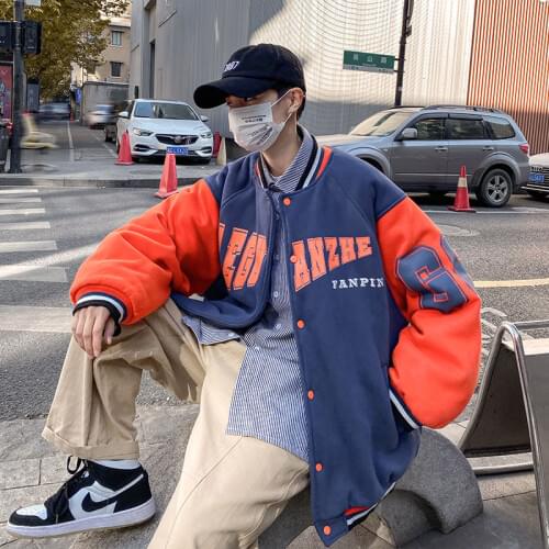 Winter Baseball Uniform Mens Simple Stitching Fashion Cotton Coat Warm Single-breasted Loose Letters Stand-up Collar Jacket Men