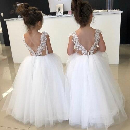 Formal Ivory Lace Applique Straps Flower Girl Dresses Backless Bow Sashes Prom Girl Dresses Cute Vestido De Fiesta De Boda