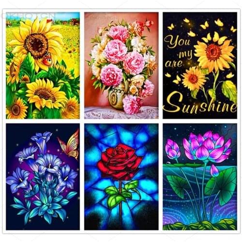 Round Full Diamond 5D Cartoon Flowers Diamond Painting Rose Sunflower Diy Diamond Embroidery Set Home Decoration Ornaments