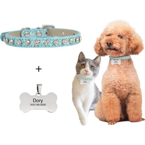 Personalized Cat Collar with ID Engraved Cusomized Kitten Collar with Bling Rhinestone PU Leather Collars for Puppy Kitty