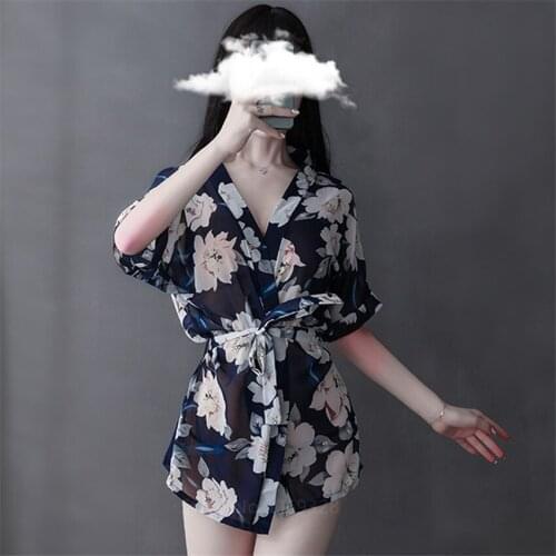 Japanese New Spring and Autumn Summer Kimono Pajamas Feminine Perspective Floral Print Robe Belt Home Service Chiffon Bathrobe