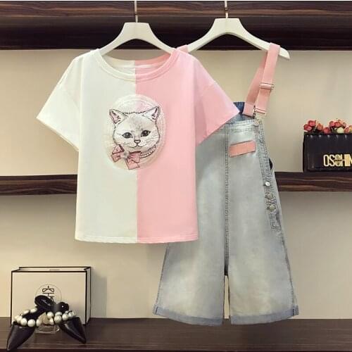Plus size women summer set 2021 summer new cute cat beaded T shirt top+button strap shorts loose wide leg pants two piece suit