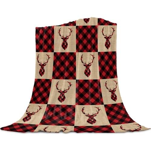 Christmas Elk Plaid Retro Throw Blanket for Sofa Christmas Decoration Bedspread Portable Microfiber Flannel Blanket