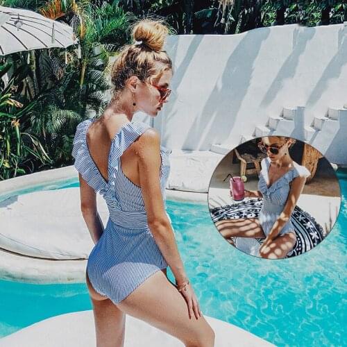 Sexy Ruffle One Piece Swimsuit Women Striped Print Swimwear for Female Backless Swimsuit Bikini New Summer Beach Bathing Suit