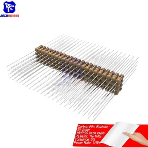 Diymore 100PCS/Lot Carbon Film Resistor 5% 1/4W 0.25W 1R-1MΩ 1R 10R 100R 220R 1K 2.2K 4.7K 10K 22K 47K 100K 470K 1M Ohm