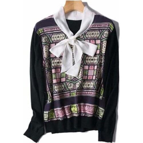 Wool blend knit women fashion silk spliced printed bow tie collar tshirt thin sweater patchwork black M/L retail wholesale