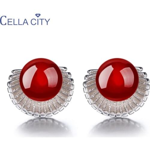 Cellacity Vintage Stud Earrings for Women Silver 925 Jewelry with Gemstones Female Red Black Agate Ear Studs Scallop shaped Gift