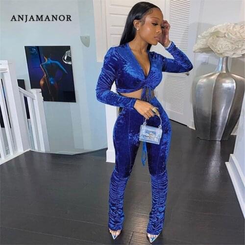 ANJAMANOR Sexy Velvet 2 Piece Set Women Ruched Stacked Pants and Long Sleeve Crop Top Fashion Club Outfits Fall 2021 D26-DF53