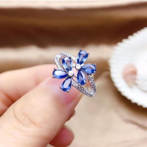 Natural blue sapphire gem Ring Natural gemstone Ring S925 silver Luxurious big wide Flower women party gift Jewelry