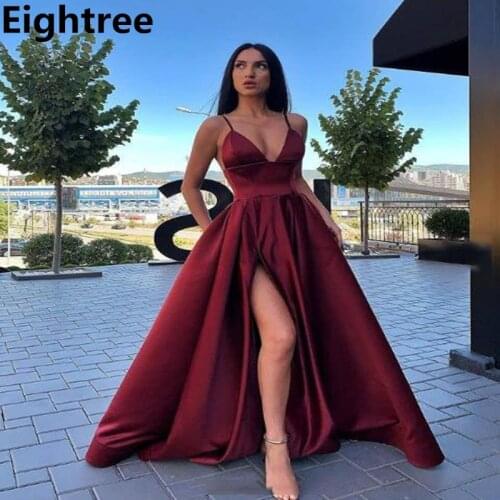 Eightree Sexy Spaghetti Strap Night Party Dress A-line Floor Length Women Gown Deep Solid Color V-neck High Side Slit Prom Dress