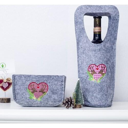 2 Sets New Design Christmas Gift Bag Flannel Wine Bag and Candy Box Heart Elk Embroidered Bag for Christmas Decor Bag Set