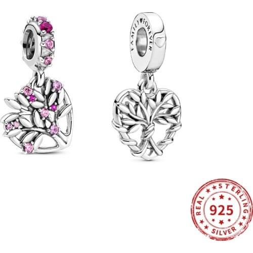 2020 Original Real 925 Sterling Silver Beads heart family tree dangle Crystal charm Fit Pandora Bracelet DIY Women Jewelry