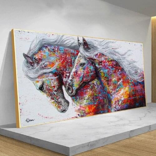 Abstract Colorful Two Running Horses Poster Canvas Painting Print Wall Art Pictures for Living Room Cuadros Home Decor