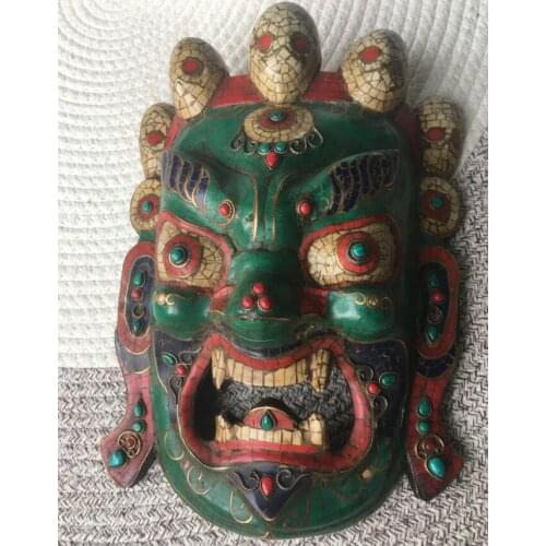 China BudFree Shipping dhism Old Wood Handwork Carve Buddha Head Mahakala Inlaid Coral turquoise colorful gems Mask Statue