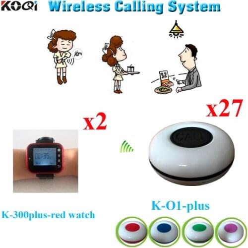 Wireless Call Bell System For Banks, Dining Hall, Coffee Bar, Bar, Teahouse(2pcs Watch Receiver +27pcs Call Button)