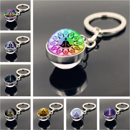 7 Chakra Yoga Meditation Glass Ball Key Chain Chakra Reiki Healing Silver Color Keychain Spiritual Jewelry for Men Women Gift
