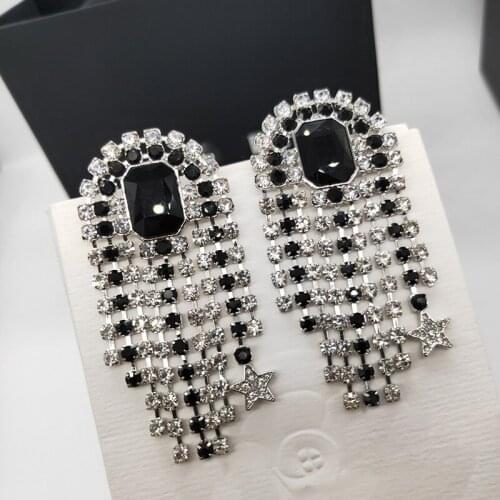 Brand Fashion Big Jewelry Flower Black Crystal Tassel Star Design Wedding Party Clip Earrings