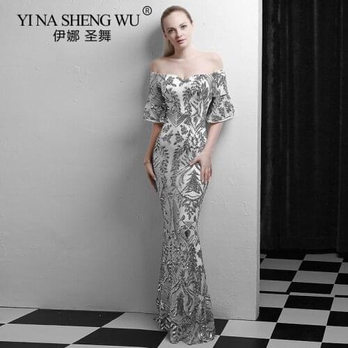 Long Elegant Sequined Mermaid Gown Slim Sexy Slash neck Color Fade Formal Women Dress For Wedding Party Robe De Soriee