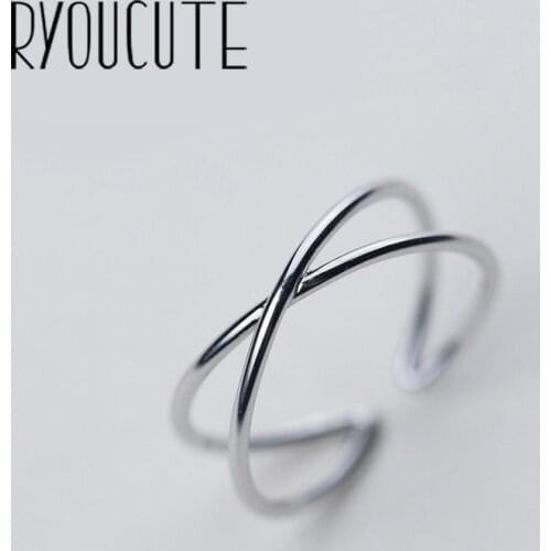 RYOUCUTE 100% Real Pure Silver Color Big Line Cross Rings for Women Korean Wedding Jewelry Finger Ring Anillos Mujer