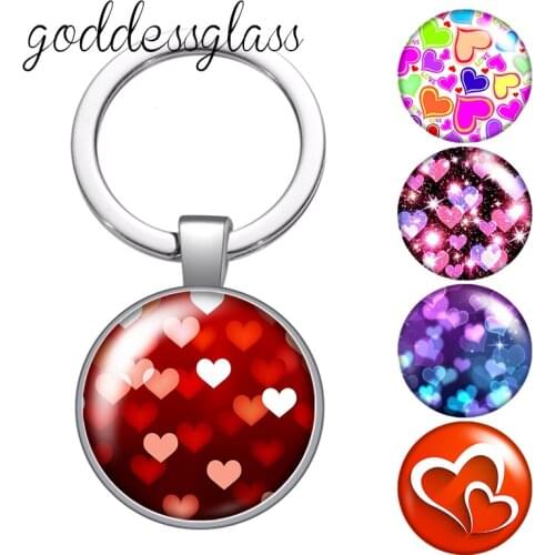 Colorful Hearts Love Romantic Valentines Day glass cabochon keychain Bag Car key chain Ring Holder Charms keychains for Gifts