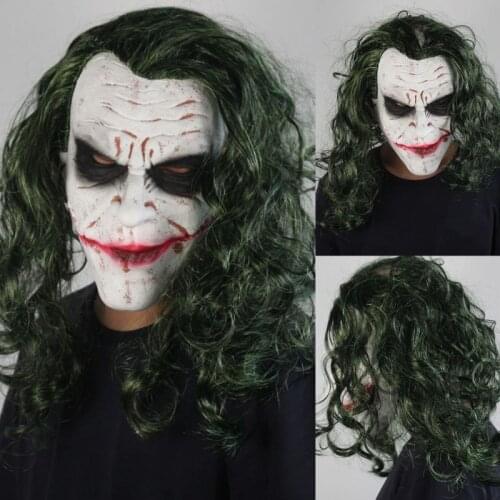 Latex Horror Clown Mask Scary Full Head Cover with Green Hair Wig Movie Masquerade Halloween Party Cosplay Costume Props