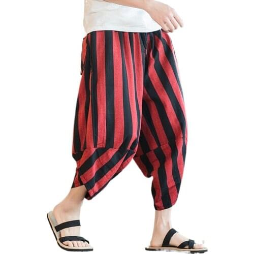 Summer Kimono Pants Japanese Male Casual Loose Samurai Red Stripes Trouser Japan Men Yukata Harajuku Traditional Asian Costume