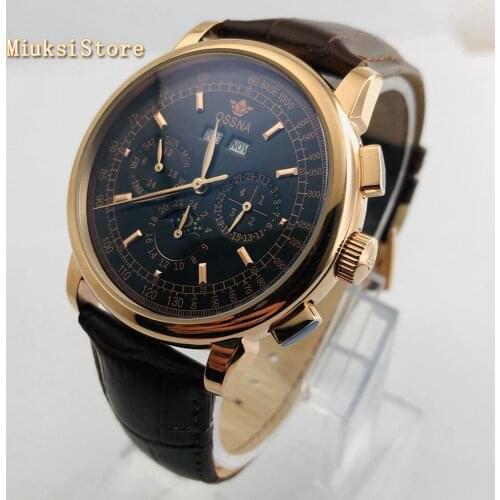 Ossna 42mm gold case black dial date moon phase multifunction automatic leather strap mens top luxury watch gift