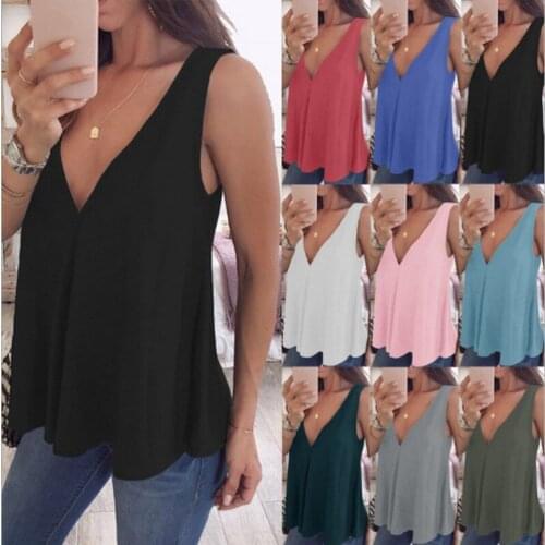 New Summer Chiffon Tops Sexy Deep V Neck Loose Solid Color Sleeveless vest T Shirt 2021 Casual Ladies T Shirt Plus Size