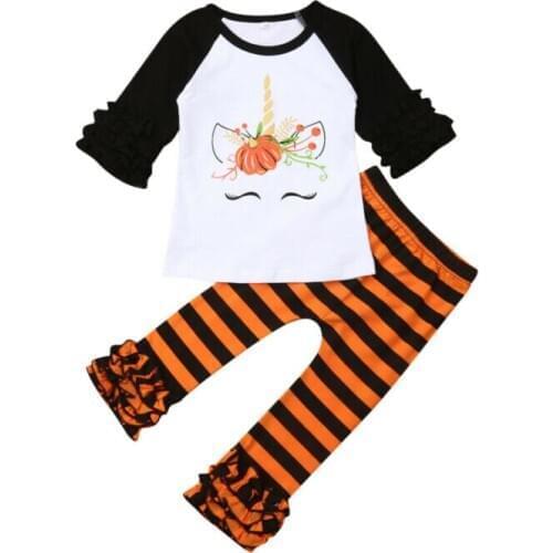 1-6T Halloween Clothes Toddler Kids Baby Girl Clothes Long Sleeve Floral T-shirt Striped Long Pants Leggings Outfit Unicorn Set
