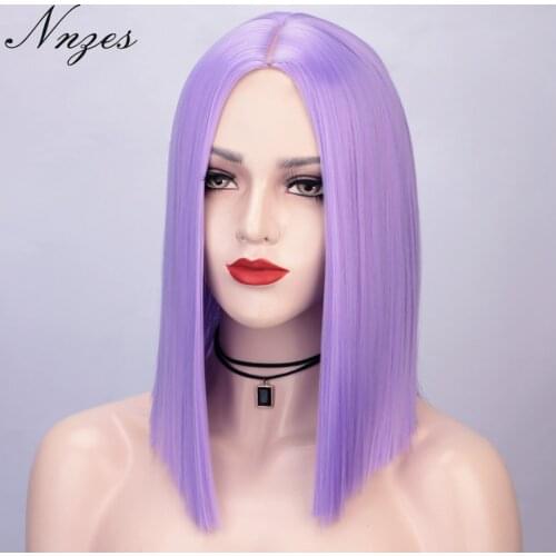 NNZES 14 Inches Short Straight Wig Heat Resistant Fiber Purple Synthetic Cosplay Wig for Girl Middle Part Wig for Women