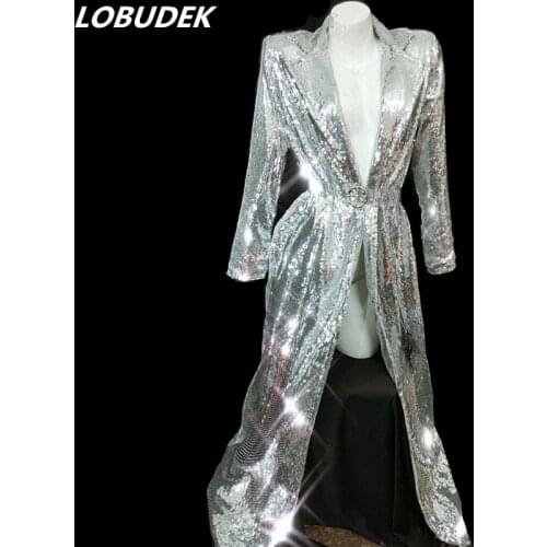 Sexy Fashion Women Open Stitch Silver Sequins Cloak Coat Singer Concert Stage Costume Nightclub Show Performance Sequin Jacket