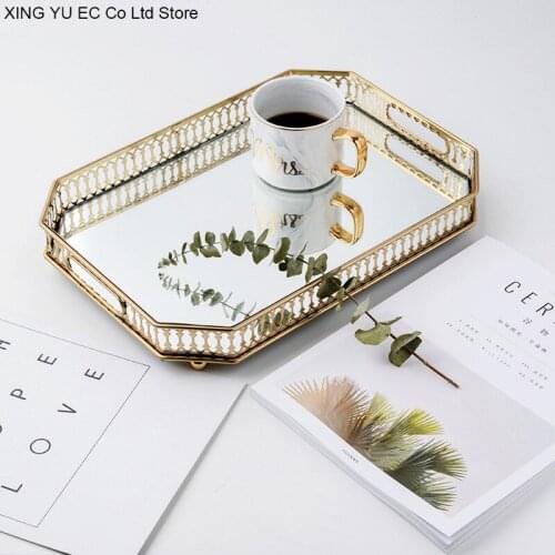 Rectangular Gold Storage Tray Coffee Table Tray Household Golden Glass Mirror Storage Tray Living Room Decoration Accessories