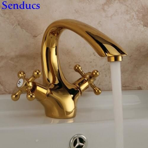 Senducs Gold Basin Sink Faucet Quality Brass Bathroom Basin Sink Faucet Dual Handle Hot Cold Golden Basin Sink Mixer Tap